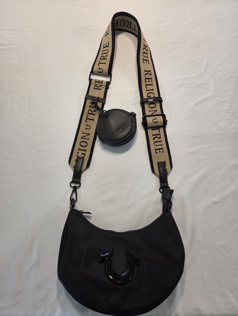 True Religion Black Messenger Bag with Beige Branded Strap